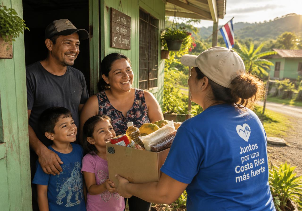 Familia costarricense recibiendo una canasta de alimentos